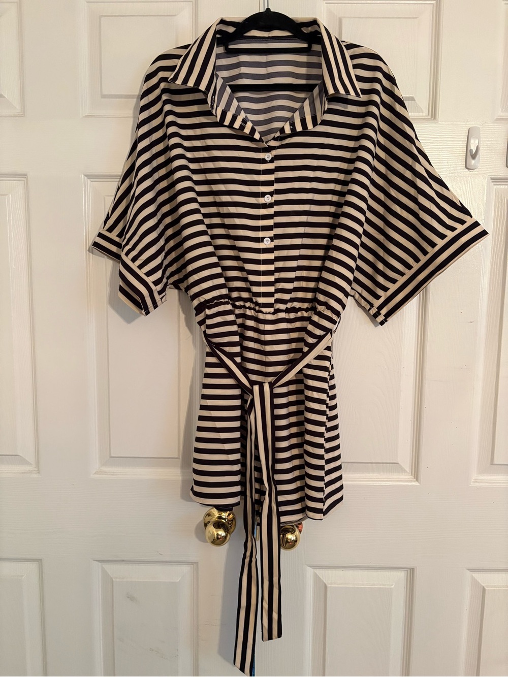 Striped Collared Tie-Waist Romper in Black and Cream